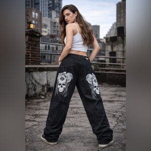Game Time y2K black denim baggy jeans embroidered skulls oversized fit​
